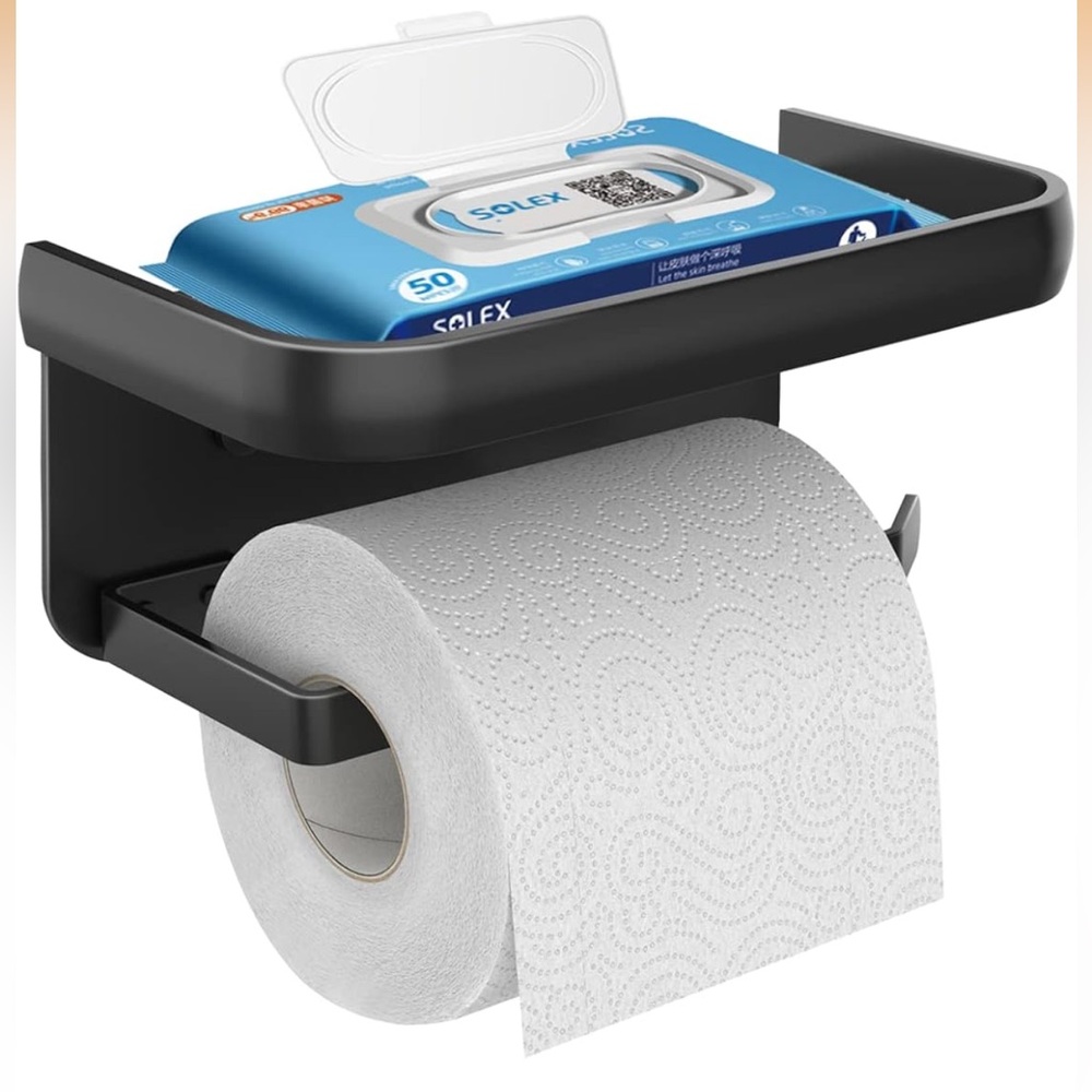 Wall-Mounted Toilet Paper Holder with Shelf - Black